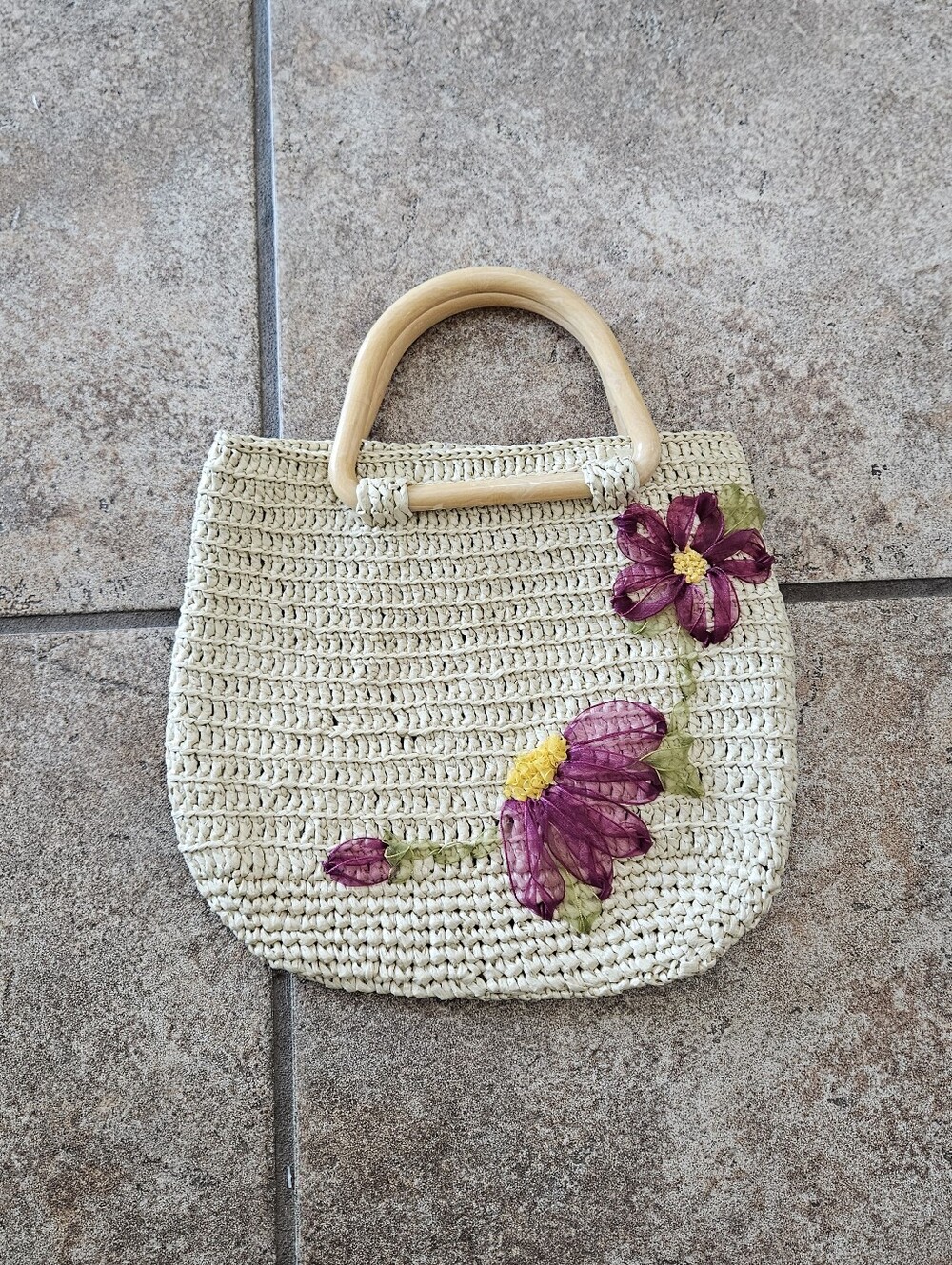 Cream Woven Tote with Purple Floral Detail and Wooden Handles